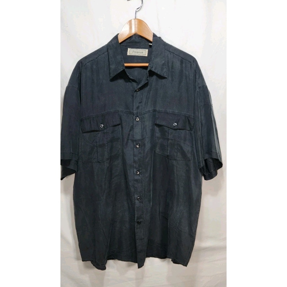 Vintage Premium Mens %100 Silk Short Sleeve Button Down Shirt Size Large Black